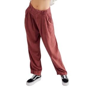 Free People NWT Calla Pleated Trousers Linen Blend Relaxed Fit Wine Size 12